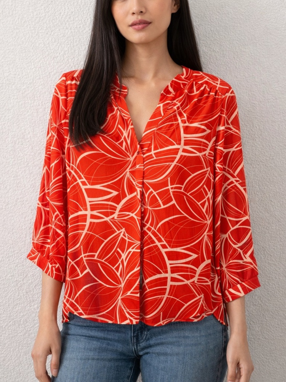 Vince Camuto Red Floral 3/4 sleeve Blouse Casual Chic Coastal Lightweight Top S
